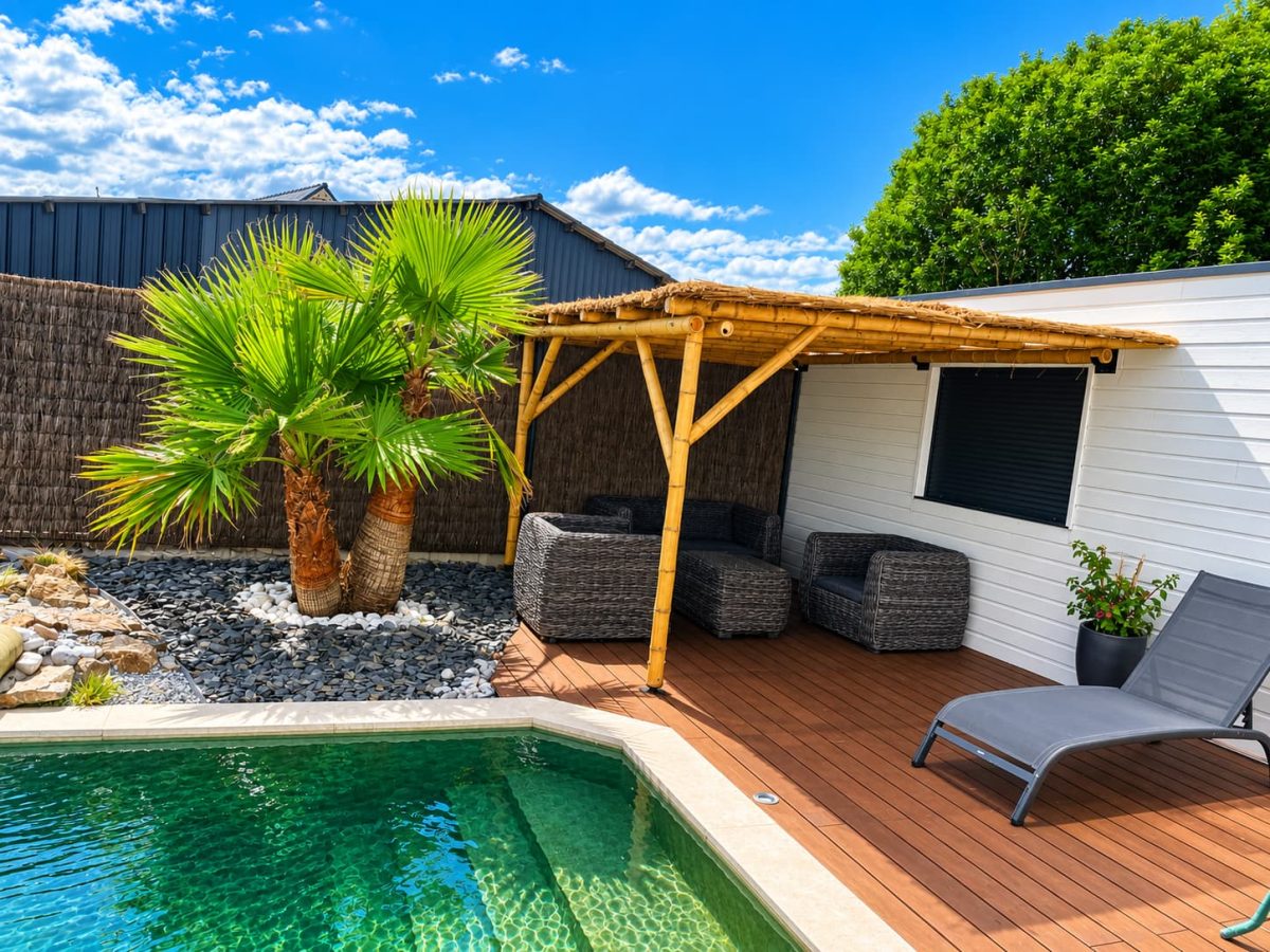 vue d'ensemble d'une pergola en bambou, construction bambou par BigBamboo