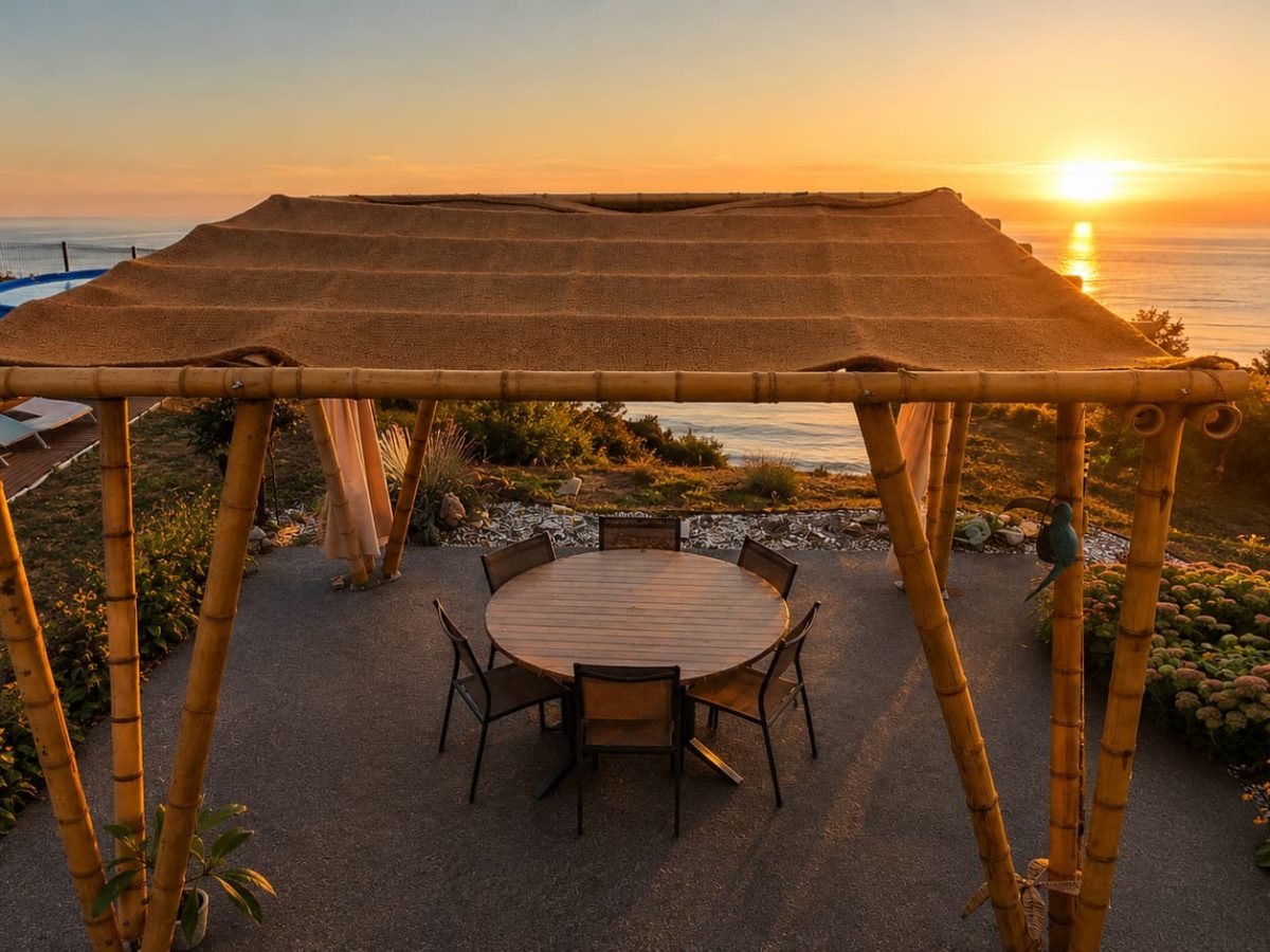 Illustration générée par IA d'une pergola réunionnaise en bambou 4 × 4 m, avec toile de coco, sur une terrasse face à la mer au coucher du soleil.