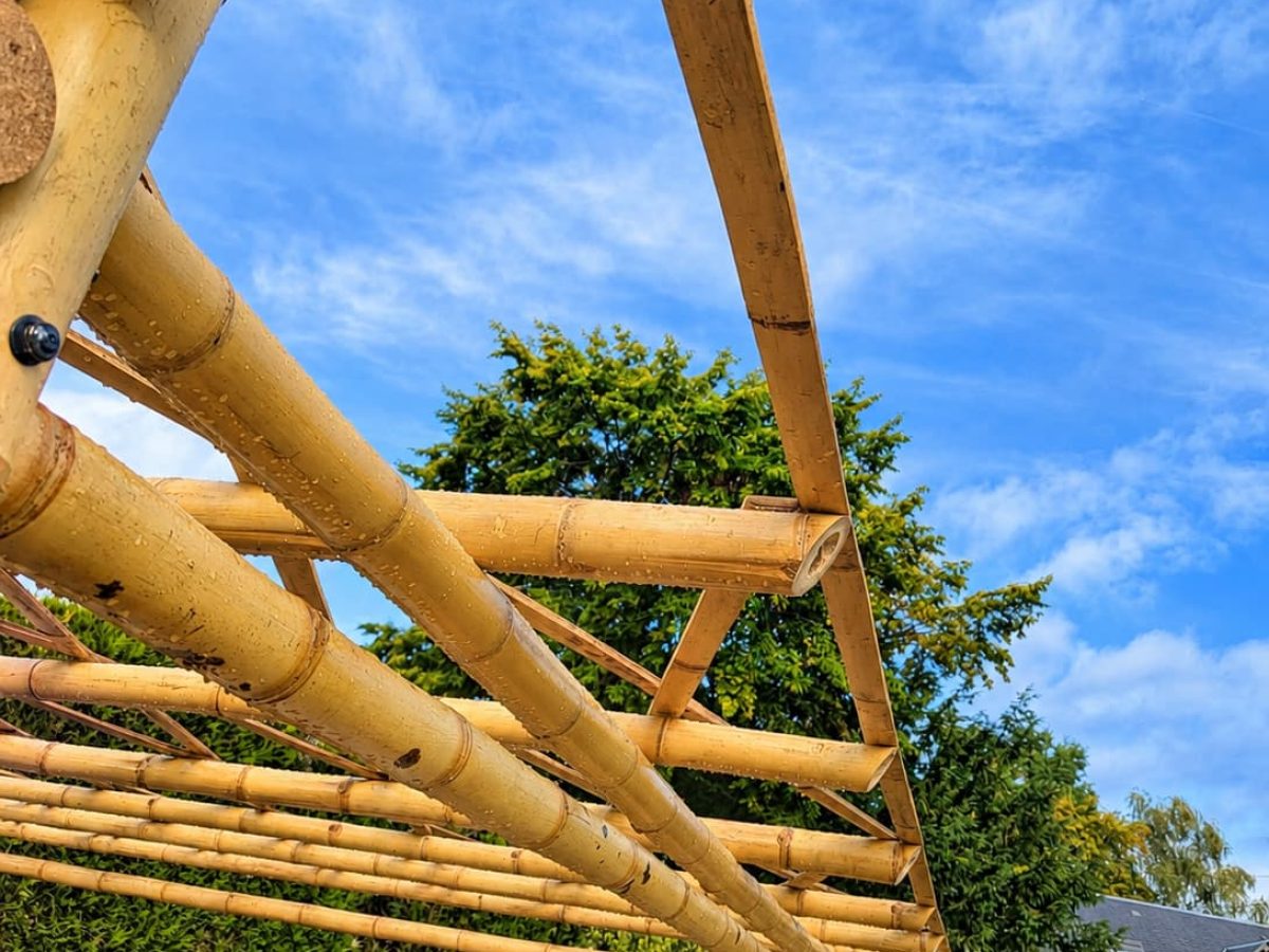 Vue depuis le dessous d'une pergola en bambou montrant le treillis de toiture, les traverses parallèles et les renforts diagonaux.